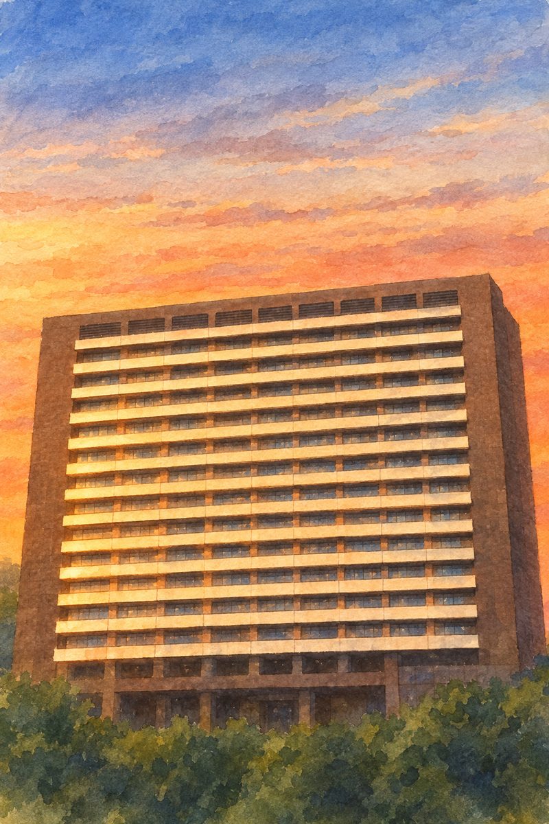 夕陽の熊本市役所 展望ロビーを描いた絵