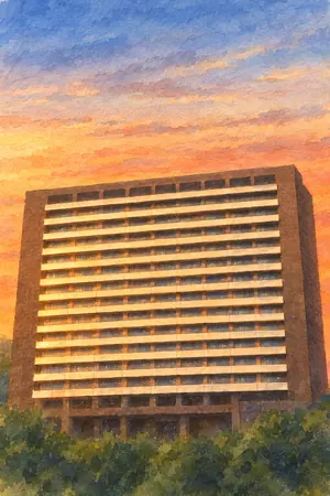 夕陽の熊本市役所 展望ロビーを描いた絵