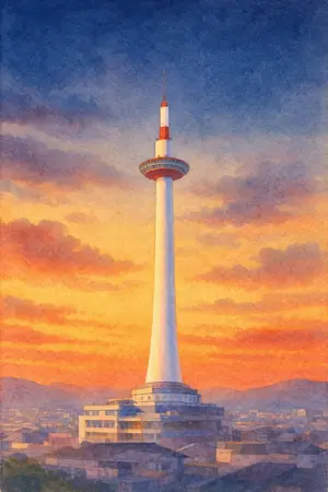 夕陽のニデック京都タワーを描いた絵