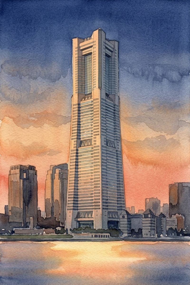 夕陽の横浜ランドマークタワー スカイガーデンを描いた絵