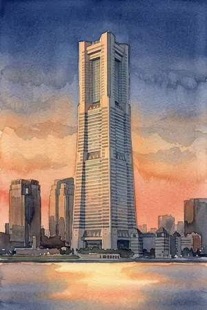 夕陽の横浜ランドマークタワー スカイガーデンを描いた絵