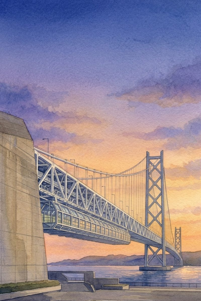 夕陽の舞子海上プロムナードを描いた絵