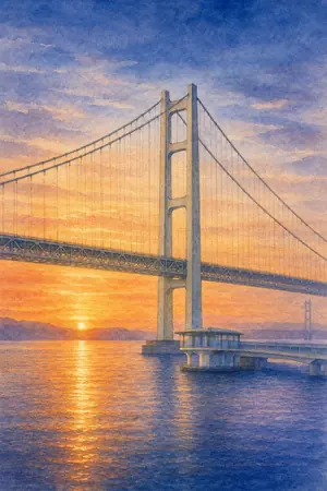 夕陽の舞子海上プロムナードを描いた絵