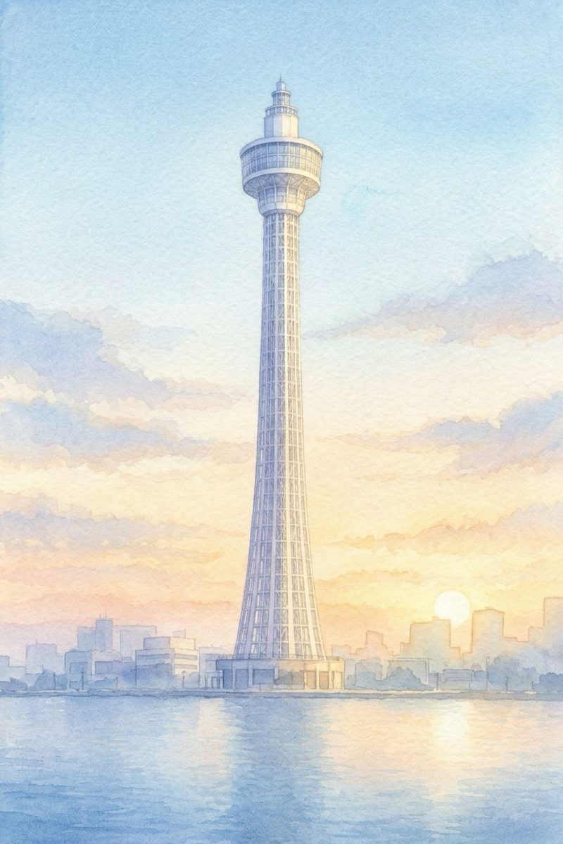 朝の横浜マリンタワーを描いた絵
