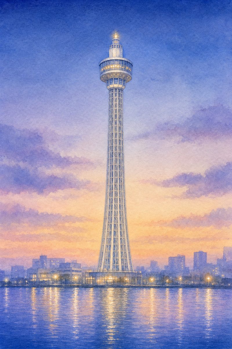夜の横浜マリンタワーを描いた絵