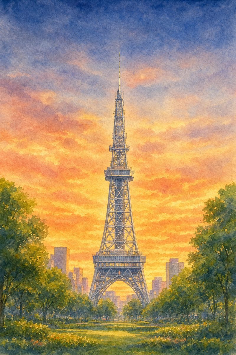 夕陽の中部電力 MIRAI TOWERを描いた絵