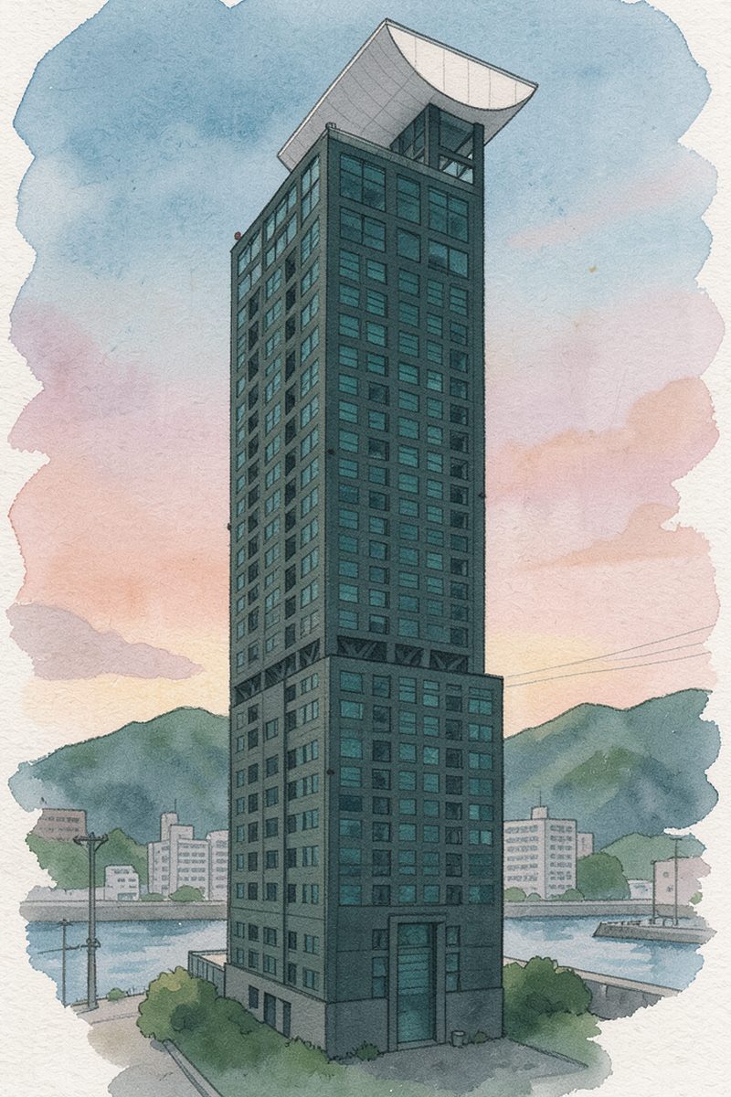 夕陽の門司港レトロ展望室を描いた絵