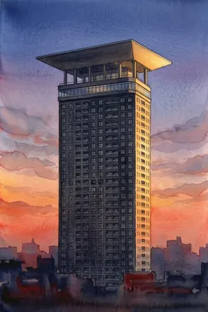夕陽の門司港レトロ展望室を描いた絵