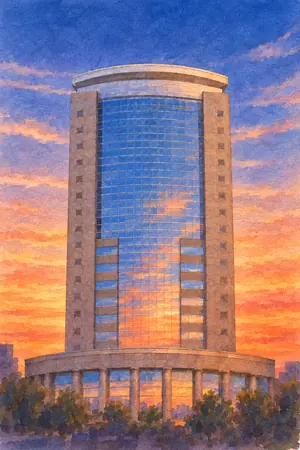 夕陽の練馬区役所 展望ロビーを描いた絵