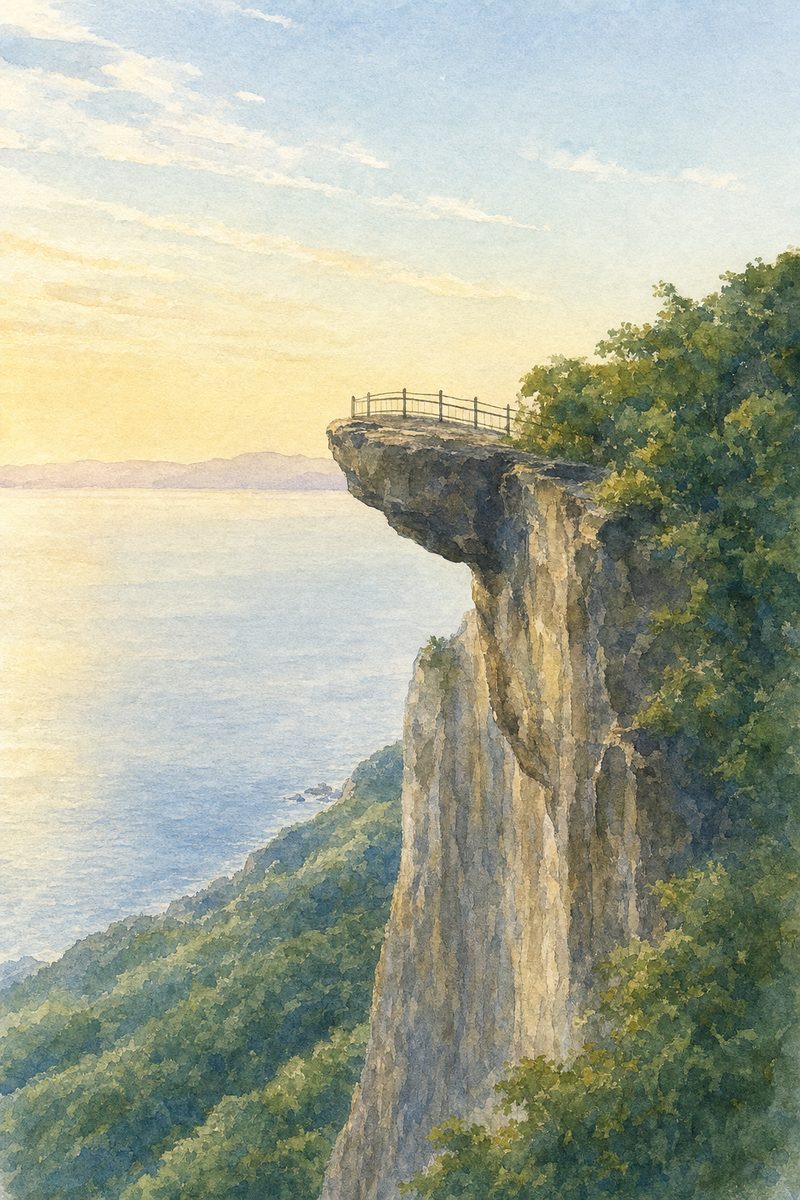 朝の鋸山 地獄のぞきを描いた絵