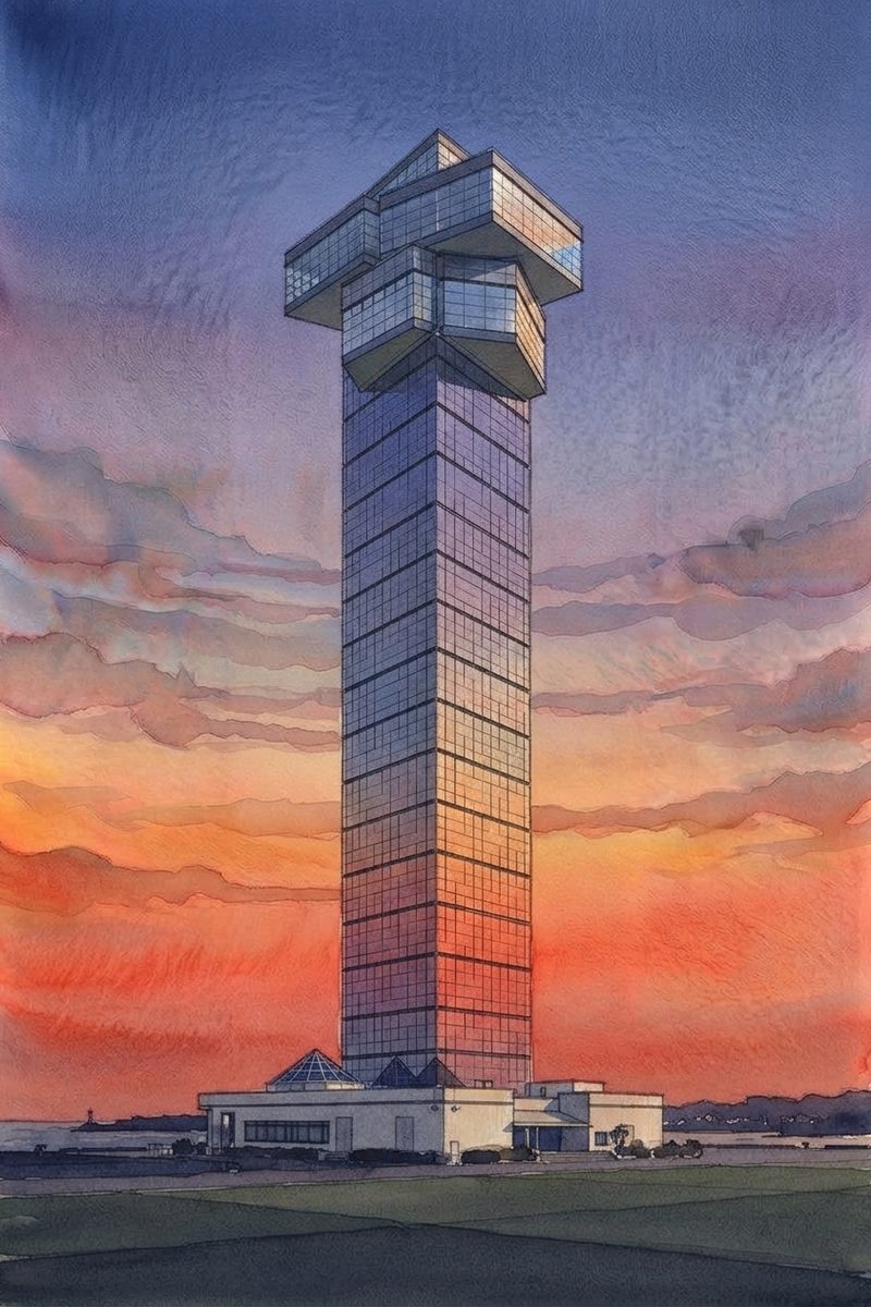 夕陽の大洗マリンタワーを描いた絵