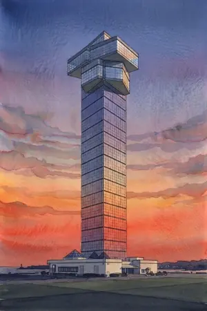 夕陽の大洗マリンタワーを描いた絵