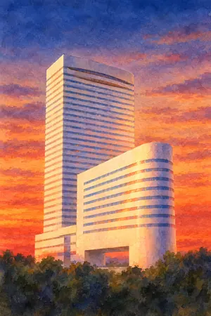 夕陽の大宮ソニックシティ スカイパークを描いた絵