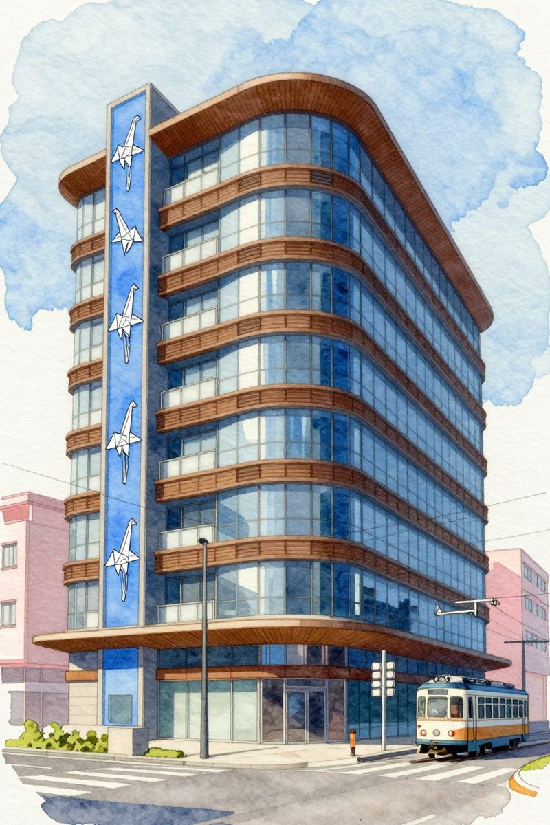 夕陽のおりづるタワーを描いた絵