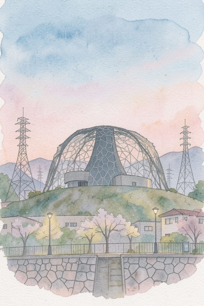 夕陽の六甲ガーデンテラス 六甲枝垂れを描いた絵