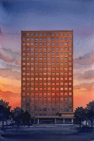 夕陽の札幌市役所 展望回廊を描いた絵