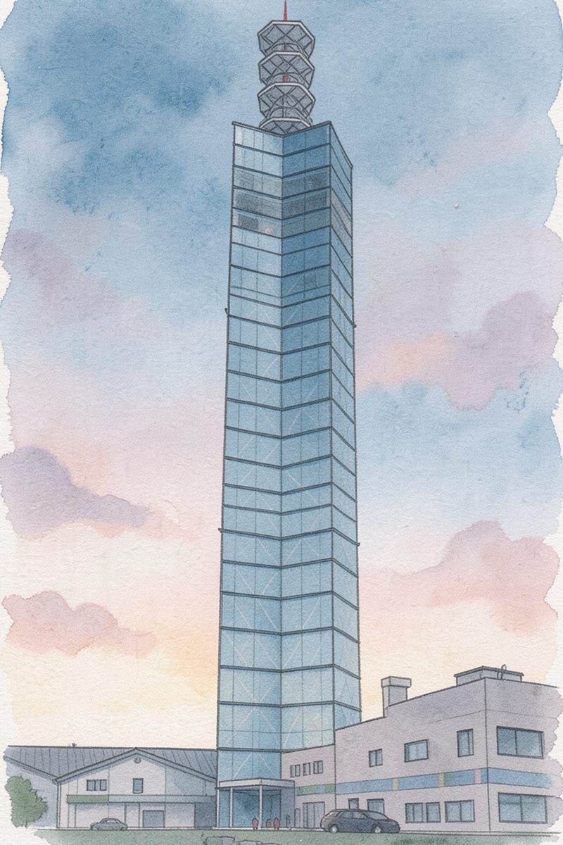 夕陽の秋田市ポートタワー・セリオンを描いた絵