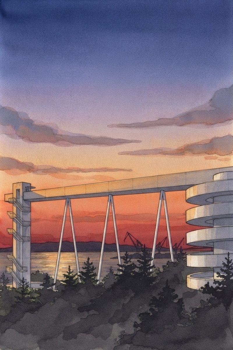 夕陽の千光寺公園 頂上展望台 PEAKを描いた絵