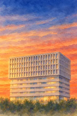 夕陽の世田谷区役所 展望ロビーを描いた絵