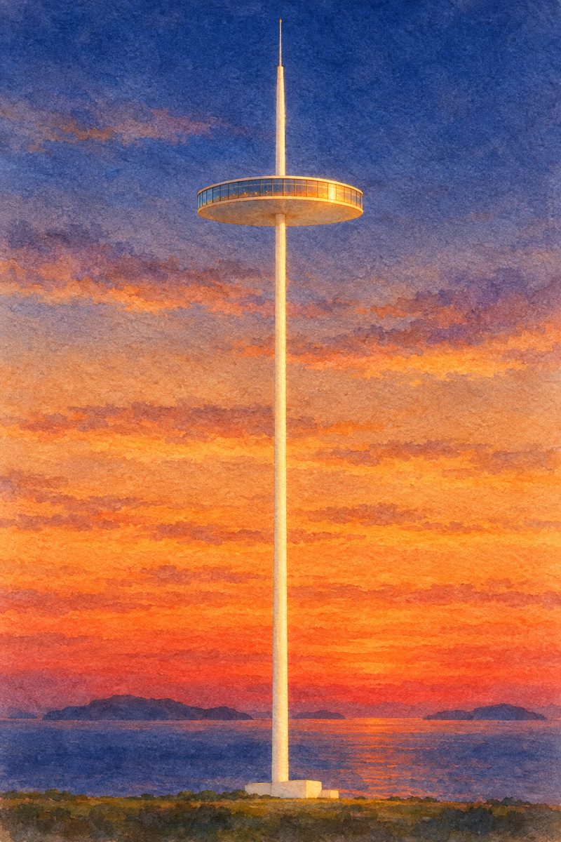 夕陽の瀬戸大橋タワーを描いた絵