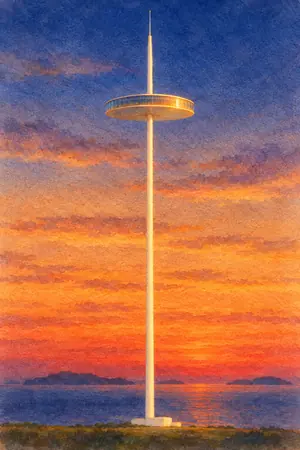 夕陽の瀬戸大橋タワーを描いた絵