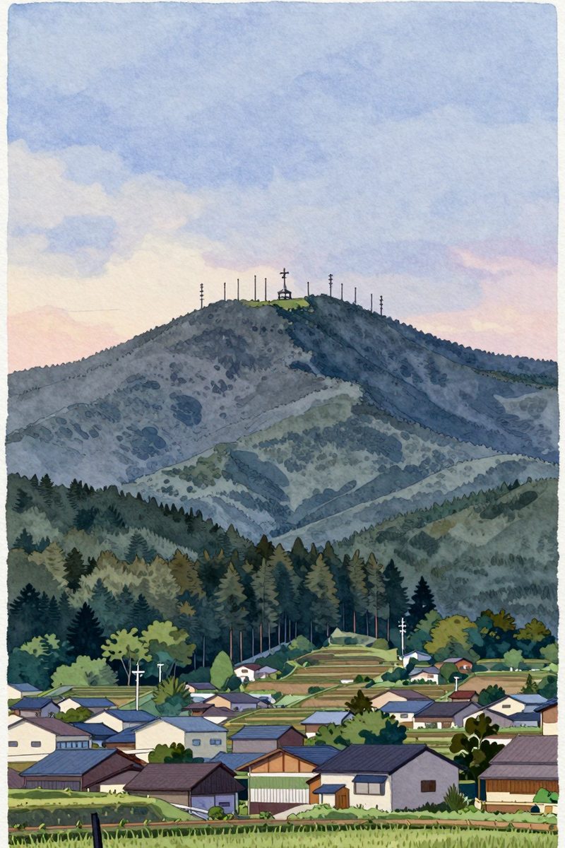 夕陽の信貴生駒スカイライン 鐘の鳴る展望台を描いた絵