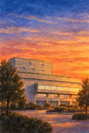 夕陽の品川区役所 屋上庭園を描いた絵