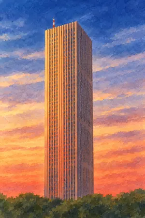 夕陽の新宿センタービル 展望ロビーを描いた絵