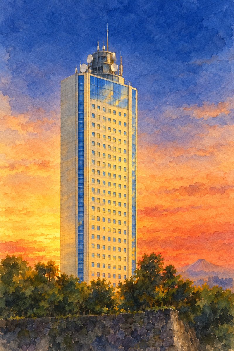 夕陽の静岡県庁 富士山展望ロビーを描いた絵