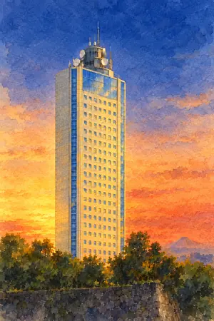夕陽の静岡県庁 富士山展望ロビーを描いた絵