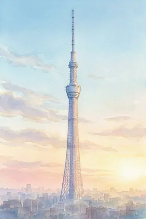 朝の東京スカイツリーを描いた絵