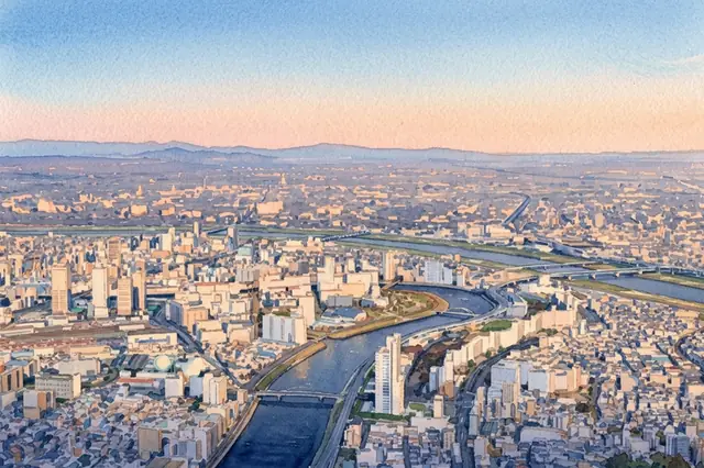 東京スカイツリーの展望台の高さから、北を向いて描いた絵