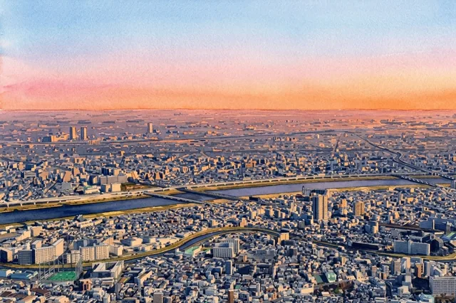 東京スカイツリーの展望台の高さから、東を向いて描いた絵