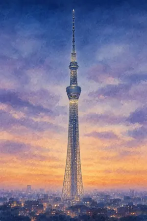 夕陽の東京スカイツリーを描いた絵