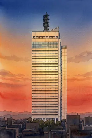 夕陽の仙台 SS30 展望フロアを描いた絵