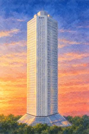 夕陽の新宿住友ビル 展望ロビーを描いた絵