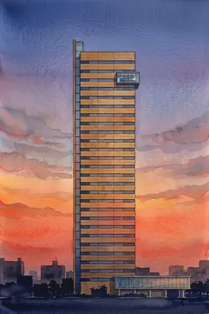 夕陽の高松シンボルタワー 展望ロビーを描いた絵