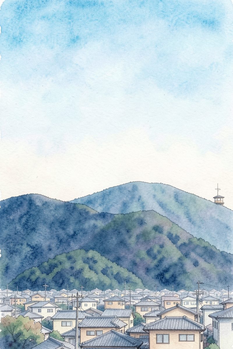 夕陽の高尾山 かすみ台展望台を描いた絵