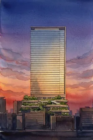 夕陽の東京ポートシティ竹芝 スキップテラスを描いた絵