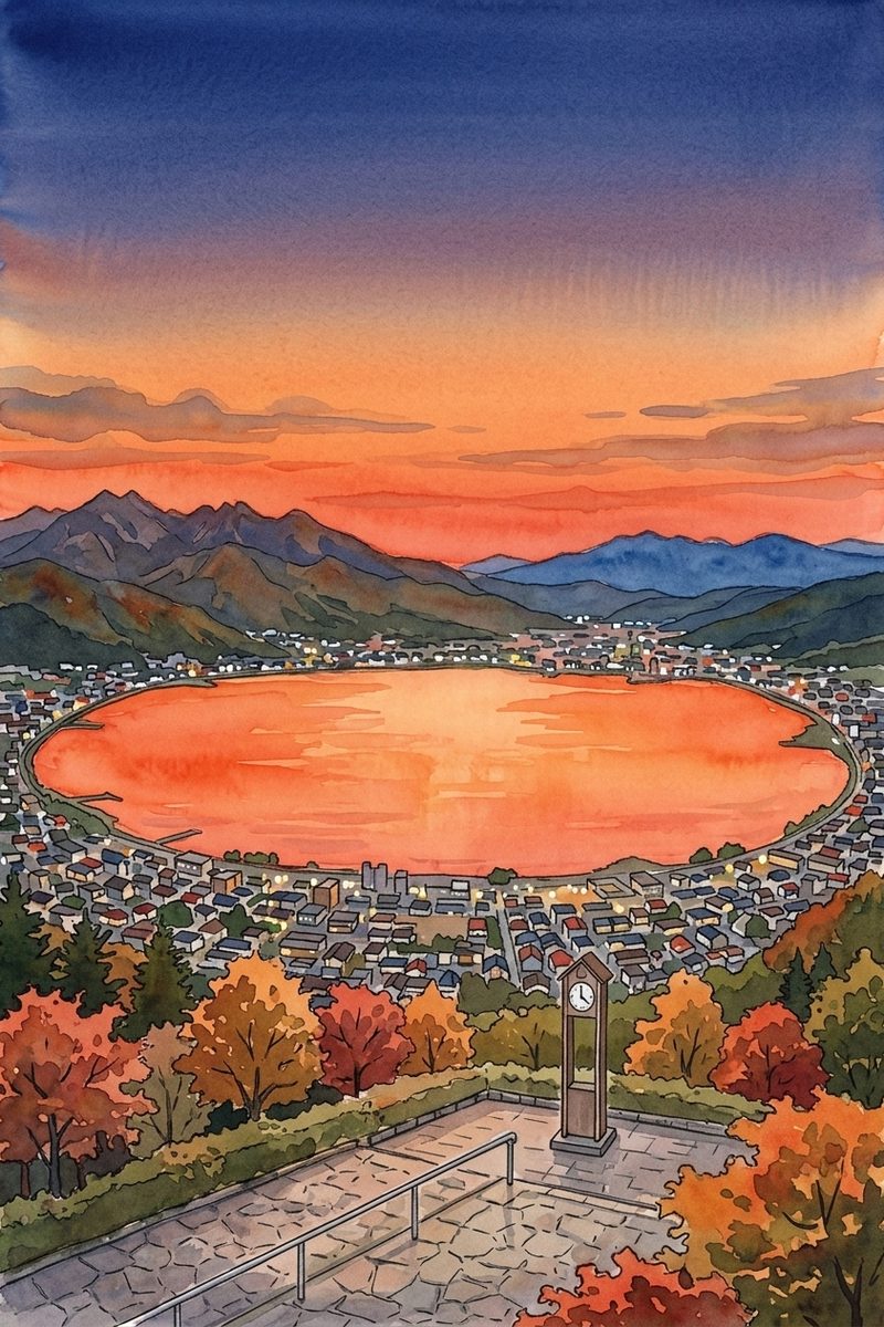 夕陽の立石公園を描いた絵