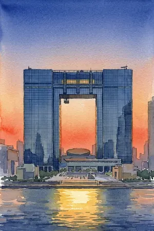 夕陽のテレコムセンター展望室を描いた絵