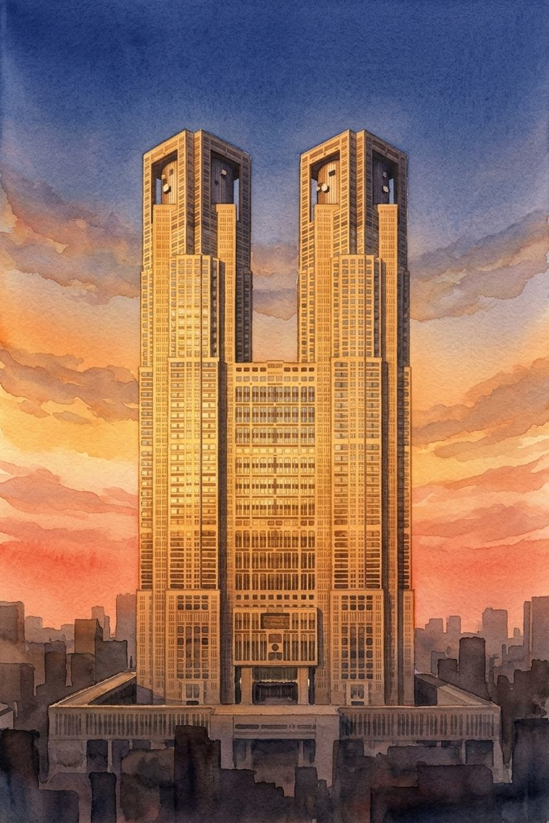 夕陽の東京都庁展望室を描いた絵