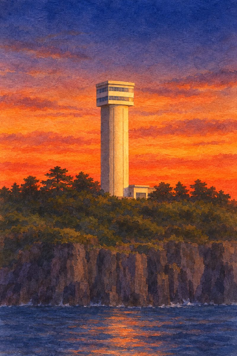 夕陽の東尋坊タワーを描いた絵