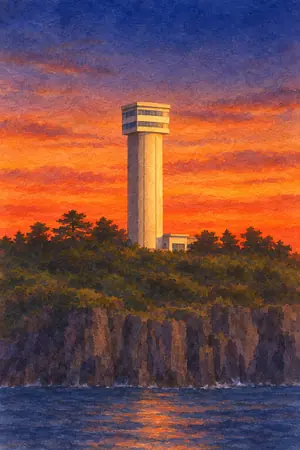 夕陽の東尋坊タワーを描いた絵