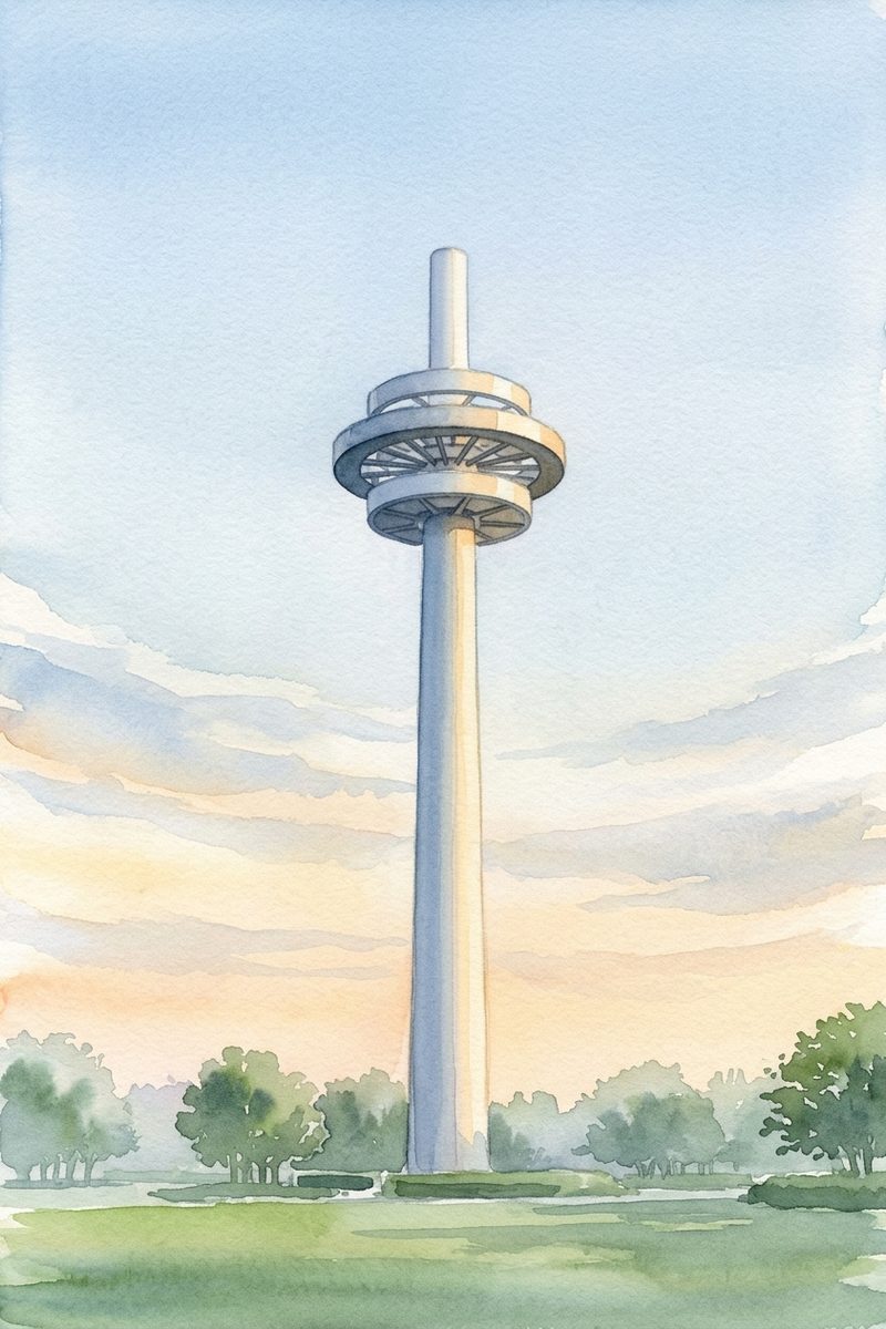 朝の所沢航空発祥記念館 展望塔を描いた絵