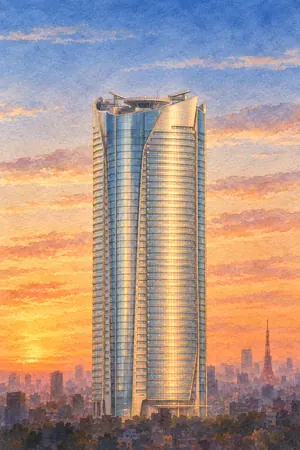 夕陽の東京シティビューを描いた絵