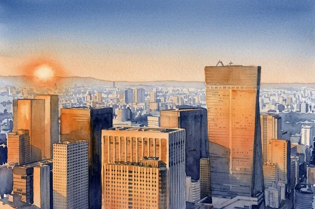 東京タワーの展望台の高さから、北を向いて描いた絵