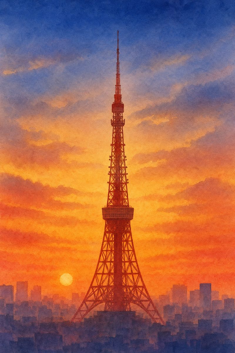 夕陽の東京タワーを描いた絵