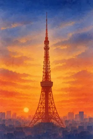 夕陽の東京タワーを描いた絵