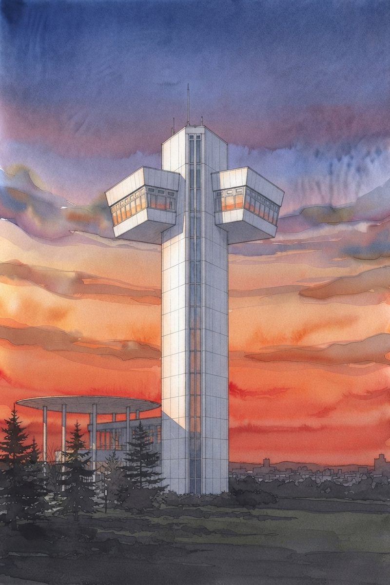 夕陽の苫小牧市 緑ケ丘公園展望台を描いた絵
